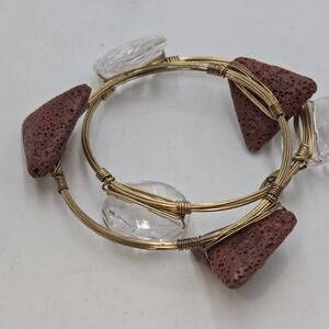 Amanda Blu Bracelet Stack Lava Rock Glass GoldTone Wire Wrapped Bracelet Set 2